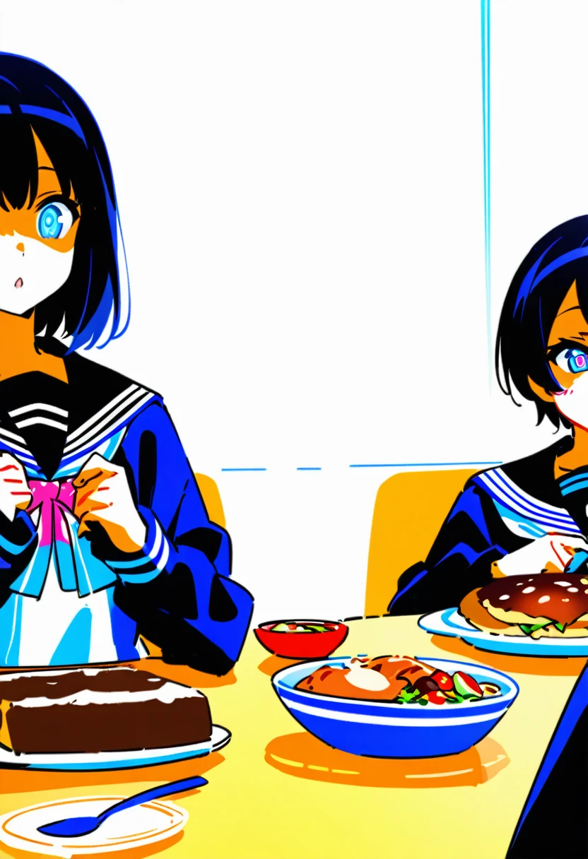 You are a professional illustrator。Please carefully check and draw the illustration according to the following conditions.。High school students enjoying their lunch in a crowded cafeteria、Delicate and beautiful anime face、Clear Eyes、Sailor suit、Braided short hair、