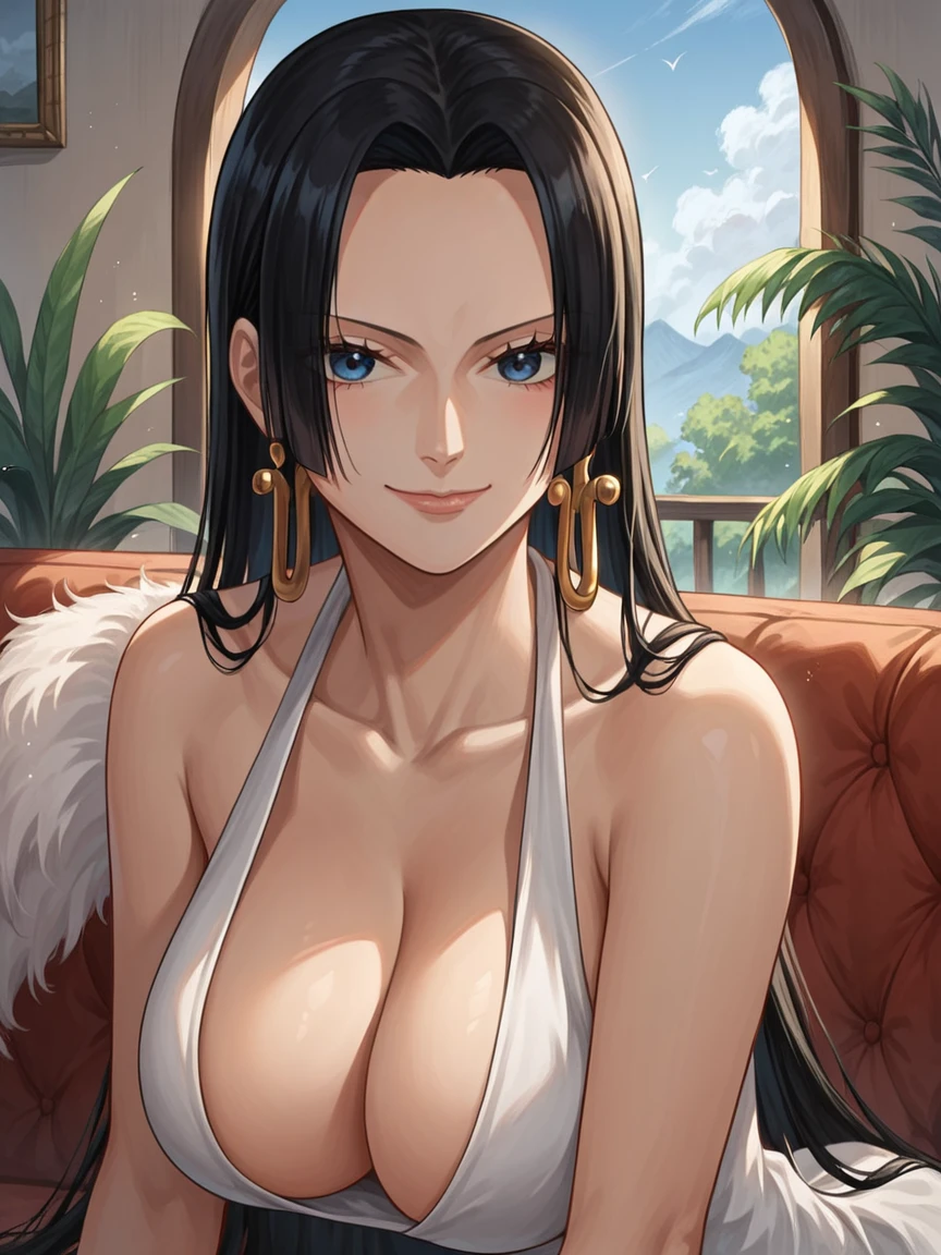 source_anime,score_9,score_8_up, score_7_up, 1girl,solo,outdoors,one piece, boa hancock, couch, indoors, seductive,, face closeup, ((closed mouth)), smirk