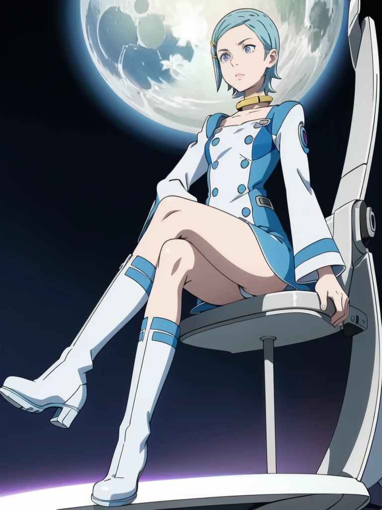 (Ultra-High Definition),eureka, night, moonlight, lone girl, purple eyes, short light blue hair, choker, hair clip, white and blue dress, long sleeves, white and blue knee high knee boots, shiny boots, full length view, legs up showing soles, sitting in chair, from just below, sneering, arrogant attitude (close-up view of soles of shoes)
