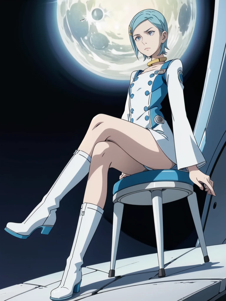 (Ultra-High Definition),eureka, night, moonlight, lone girl, purple eyes, short light blue hair, choker, hair clip, white and blue dress, long sleeves, white and blue knee high knee boots, shiny boots, full length view, legs up showing soles, sitting in chair, from just below, sneering, arrogant attitude (close-up view of soles of shoes)
