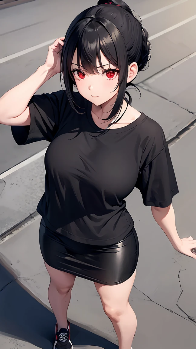 Girl1,from above,triangle face,red eyes,black hair,braided ponytail hairstyle,green t-shirt,Pencil skirt,highly detailed,HD,full body