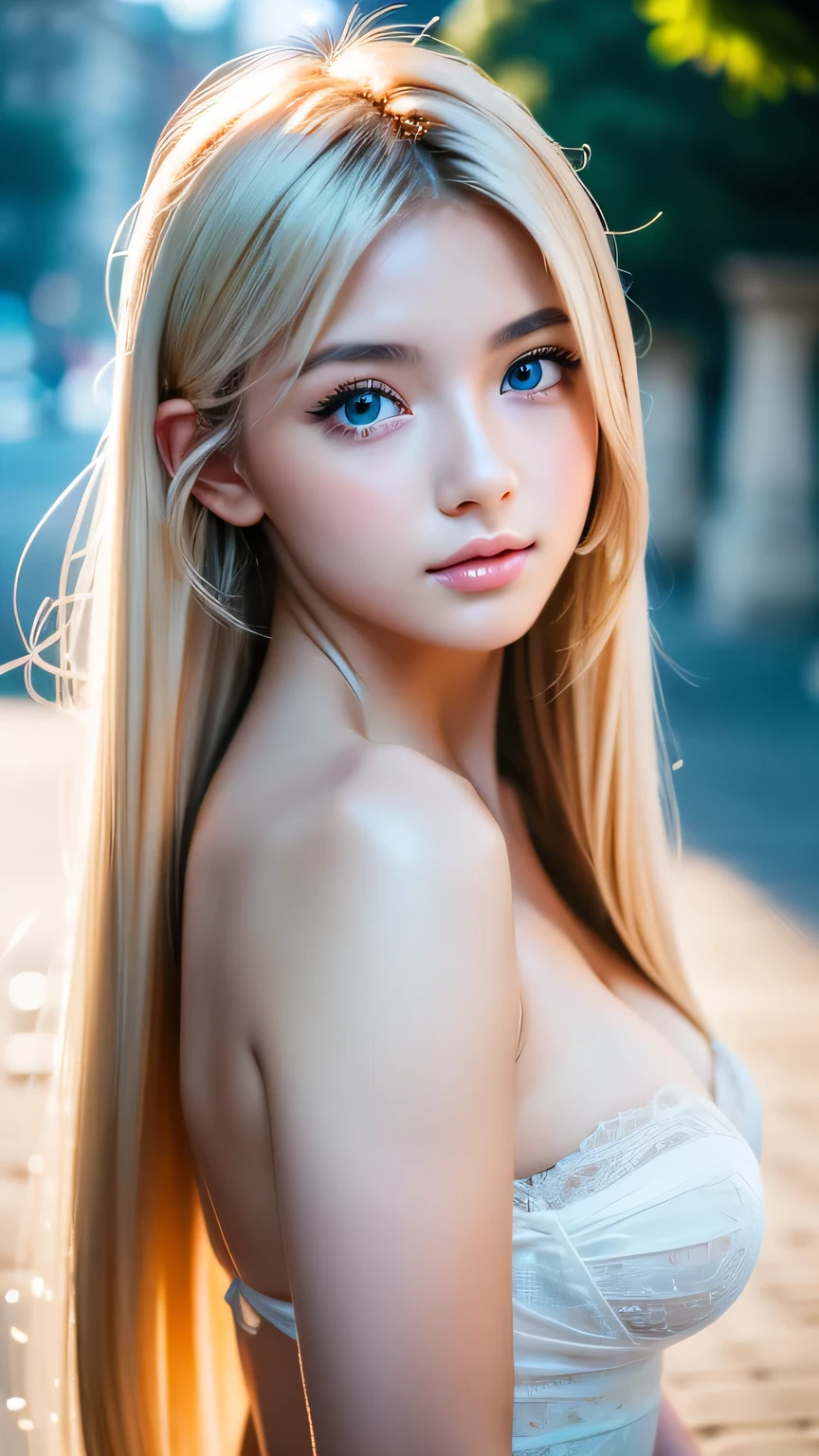 night、RAW Photos、(((A portrait of extreme beauty)))、((Glowing Skin))、1 girl、15 years old beautiful girl in Prague、((Natural bright platinum blonde hair))、[blue eyes]、Snow-white, shiny skin、Silky super long straight hair、eyeliner、Long Bangs、Hair between the eyes、Fluttering Hair、((masterpiece、最high quality、Super detailed、Film Light、Intricate details、High resolution、8K、Very detailed))、Detailed Background、8K uhd、Digital SLR、Soft Light、high quality、Film Grain、Fujifilm XT3 、Shallow depth of field、Natural light、（Perfect hands）、Perfect pretty face