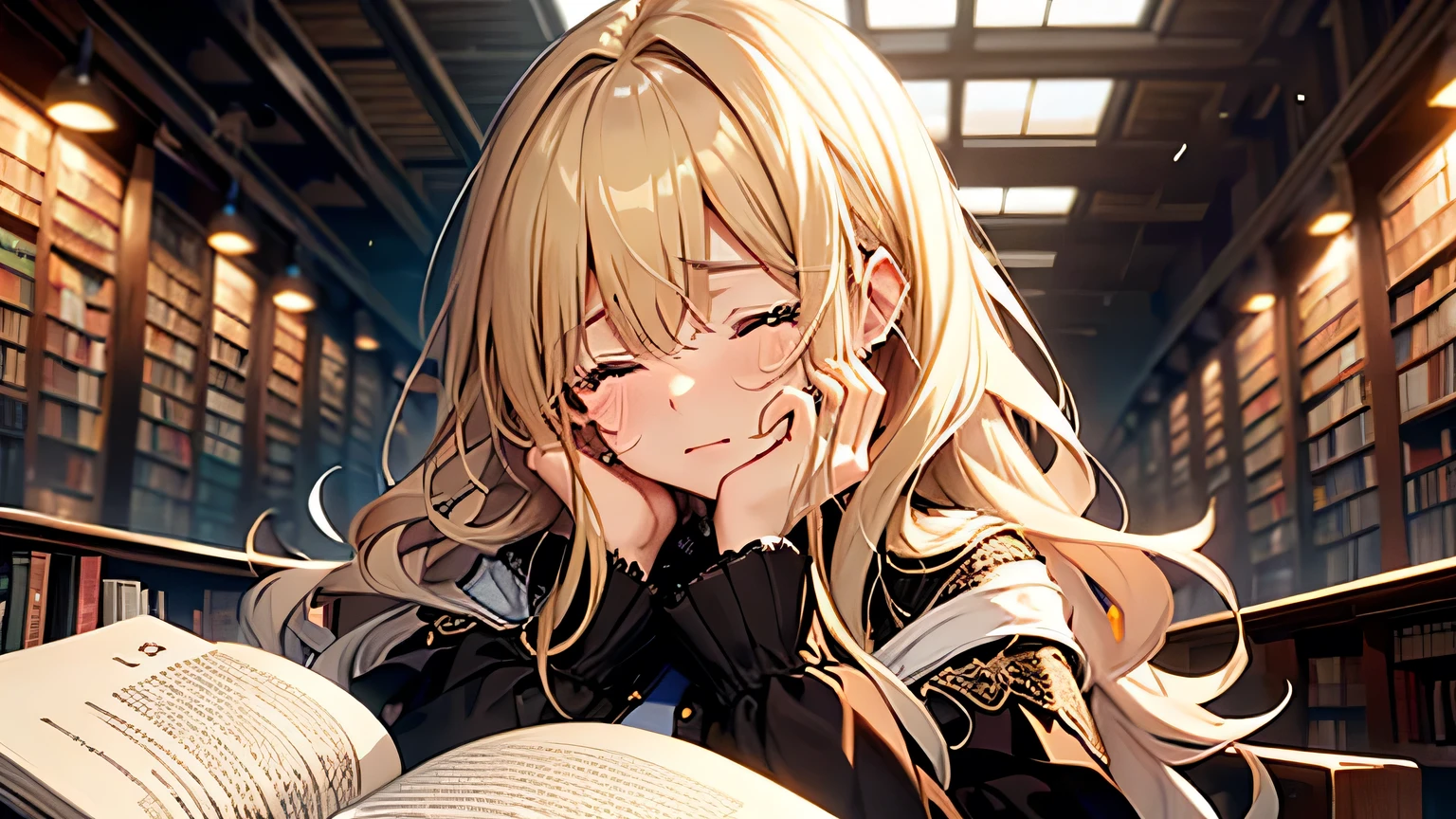 ((Highest quality)), ((masterpiece)), (detailed), One girl, library、I read a book、Tears、Close ~ eyes、blonde、Smooth Hair、