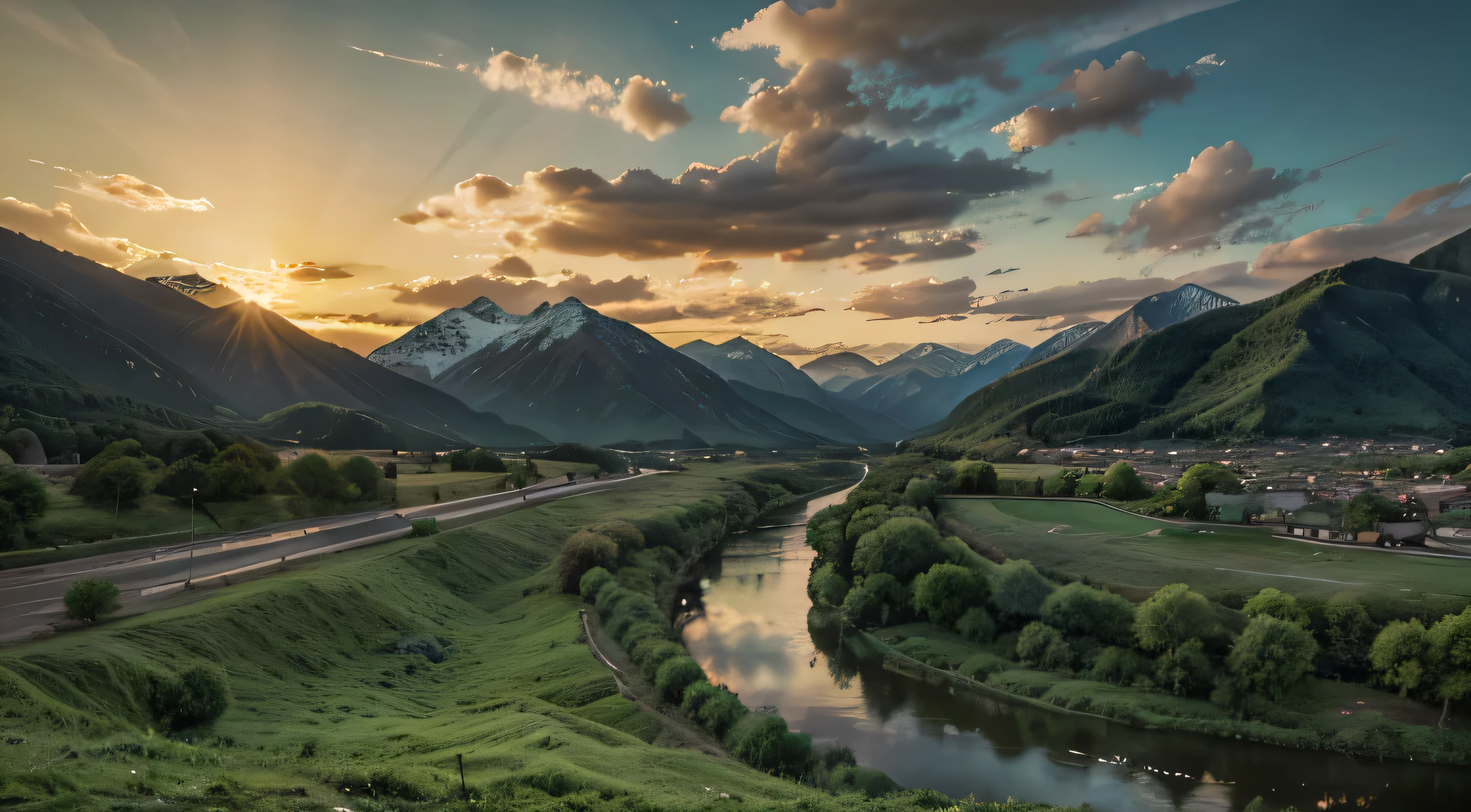 A green valley with a river and surrounded by mountains with a sunset sky between clouds