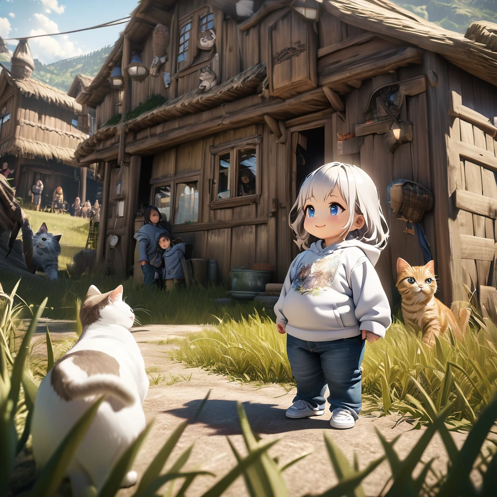 best quality, detailed, hyper detailed, beautiful, 8K, absurdres, village, a kitty, happy, smiling, standing, looking to the right, white hair, blue eyes, chibi, plump, hoodie, jeans, 5-year-old, in the grassland, in the afternoon, fantasy, photorealistic, ultra realistic photo, 3D render, anthropomorphism, full body shot, on right, wide view, rule of thirds, midday, shining lights, dramatic lighting, volumetric lighting, depth of field, dramatic contrast, DarkGoldenrod