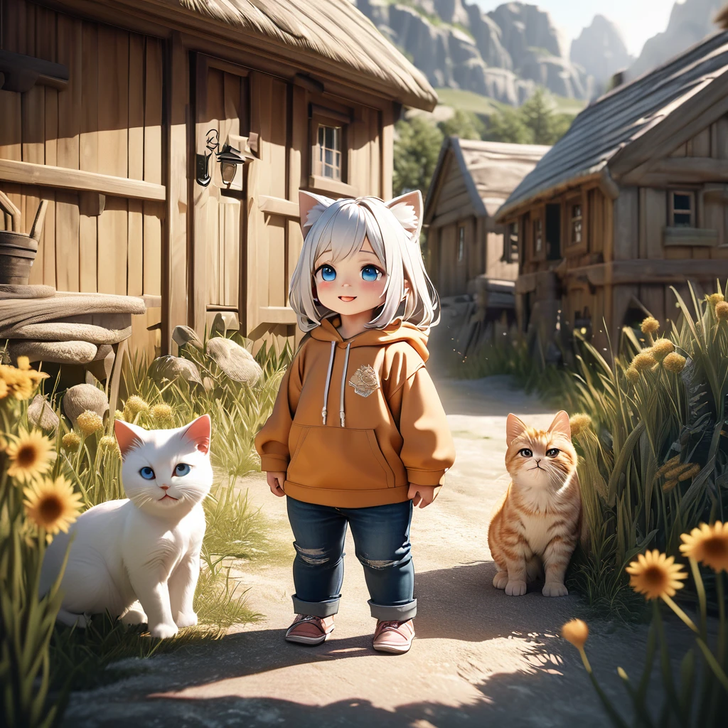 best quality, detailed, hyper detailed, beautiful, 8K, absurdres, village, a kitty, happy, smiling, standing, looking to the right, white hair, blue eyes, chibi, plump, hoodie, jeans, 5-year-old, in the grassland, in the afternoon, fantasy, photorealistic, ultra realistic photo, 3D render, anthropomorphism, full body shot, on right, wide view, rule of thirds, midday, shining lights, dramatic lighting, volumetric lighting, depth of field, dramatic contrast, DarkGoldenrod