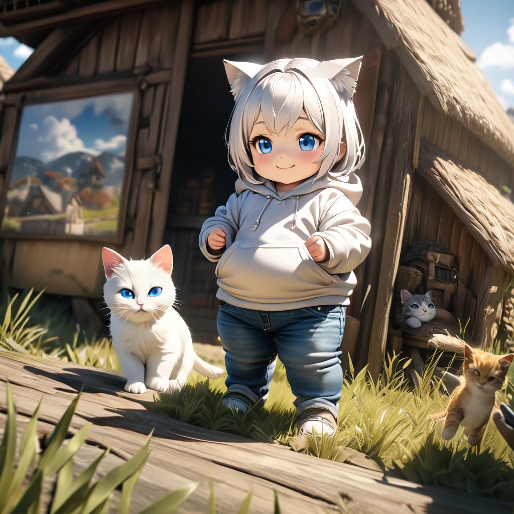 best quality, detailed, hyper detailed, beautiful, 8K, absurdres, village, a kitty, happy, smiling, standing, looking to the right, white hair, blue eyes, chibi, plump, hoodie, jeans, 5-year-old, in the grassland, in the afternoon, fantasy, photorealistic, ultra realistic photo, 3D render, anthropomorphism, full body shot, on right, wide view, rule of thirds, midday, shining lights, dramatic lighting, volumetric lighting, depth of field, dramatic contrast, DarkGoldenrod