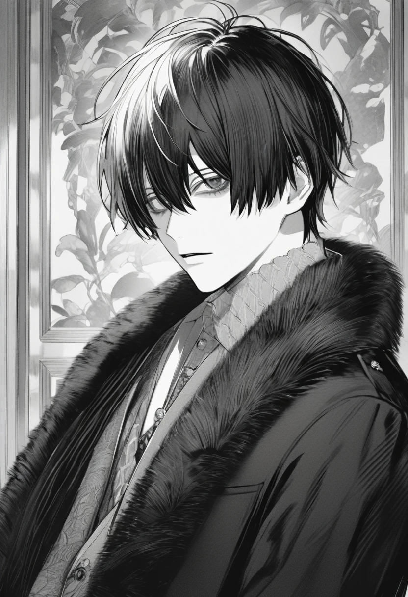 yuto-sano, 1boy, Kaneki, black hair, black suit, black long sleeves, fur coat, elegant, monochrome, solo, greyscale, male focus, looking at viewer