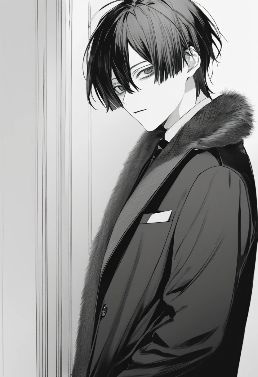 yuto-sano, 1boy, Kaneki, black hair, black suit, black long sleeves, fur coat, elegant, monochrome, solo, greyscale, male focus, looking at viewer