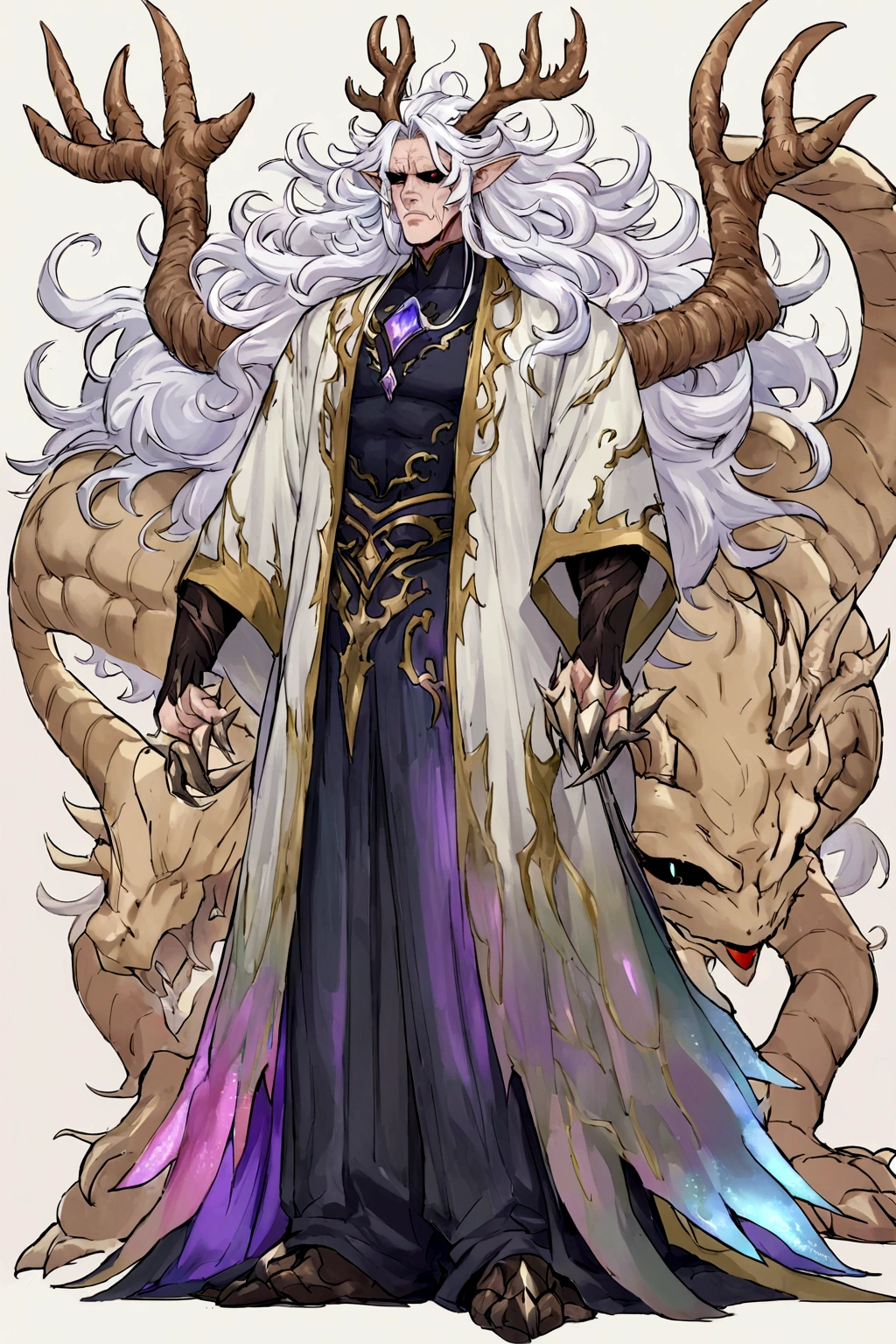 solo, 20 year old male, character fusion, nidhogg fused with odin and sun wukong, tall tanned man with wild unruly white hair, bangs on face, bangs, ((iridescent irises)), black sclera on eyes, long voluminous hair, spiky hair, pointy ears, fit , clawed fingers, dragon tail, open haori, turtleneck tanktop, manly jaw, dark crystal antlers, exhausted expression, khaenr'ah abyss, draconic person, calamity incarnate, full body