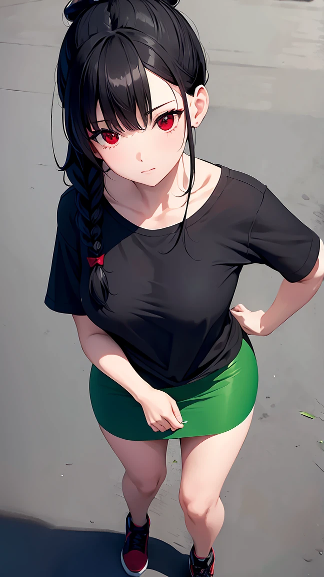 Girl1,from above,triangle face,red eyes,black hair,braided ponytail hairstyle,green t-shirt,Pencil skirt,highly detailed,HD,full body