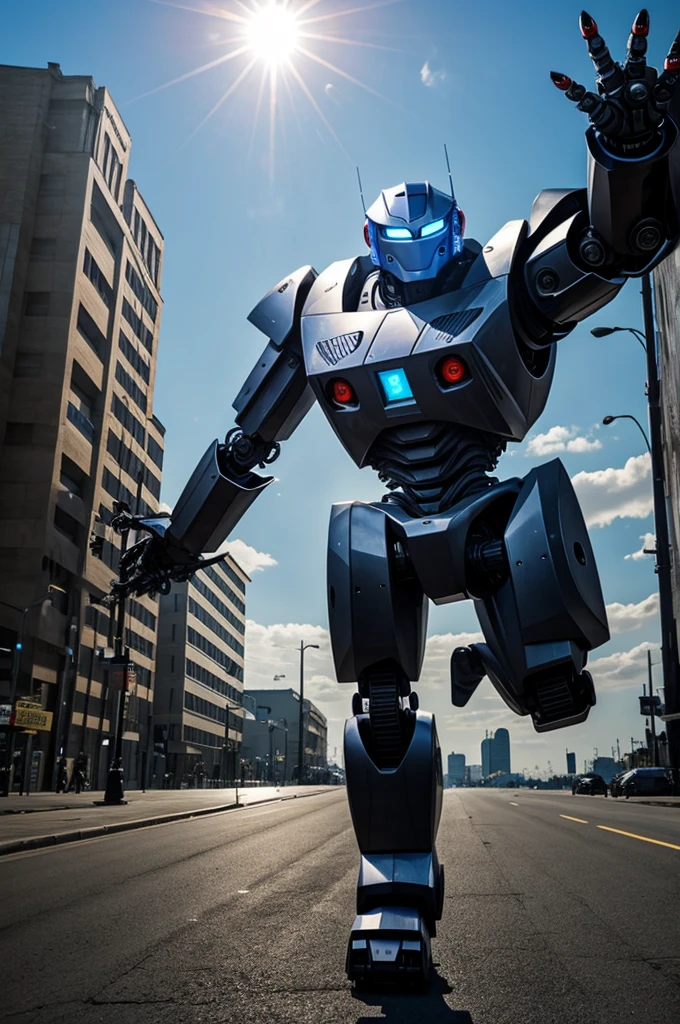 1 girl, mecha, city, Whole body, floating, to throw, from above, power armor, dynamic pose,