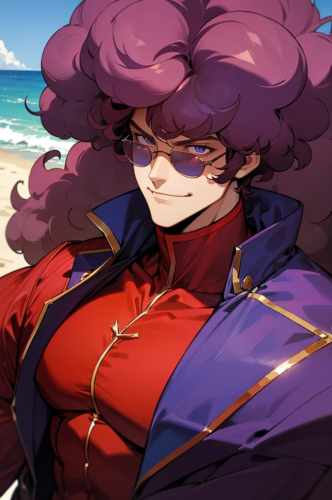 Dark crimson Hair, shades,, Muscular, big afro hair, purple gem on chest, blue and red outfit, smirk, beach background, young. male, upper body, jacket, lean build,