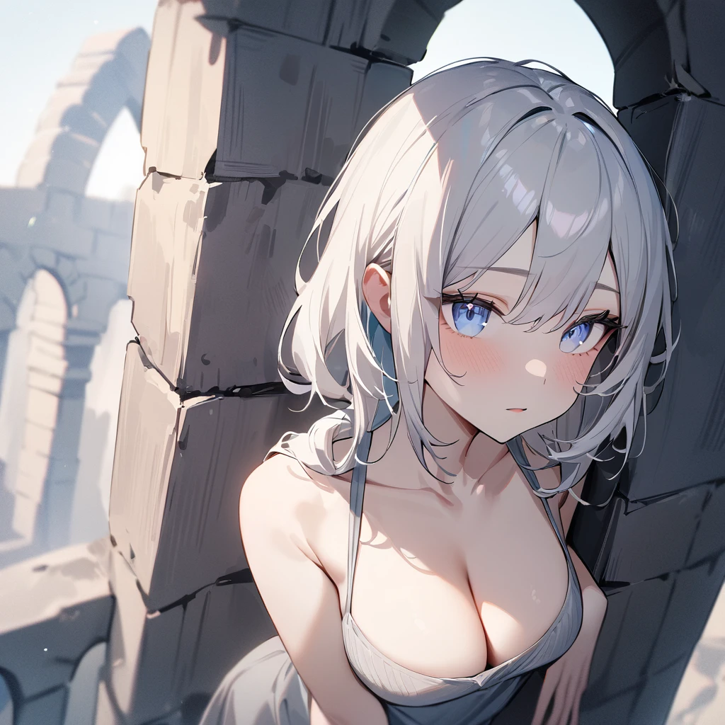 1 girl,pale hair,Crevice,Cleavage,pallid,pale colors,pale eyes,masterpiece,best quality,very aesthetic,absurdres,blue eyes,arch back