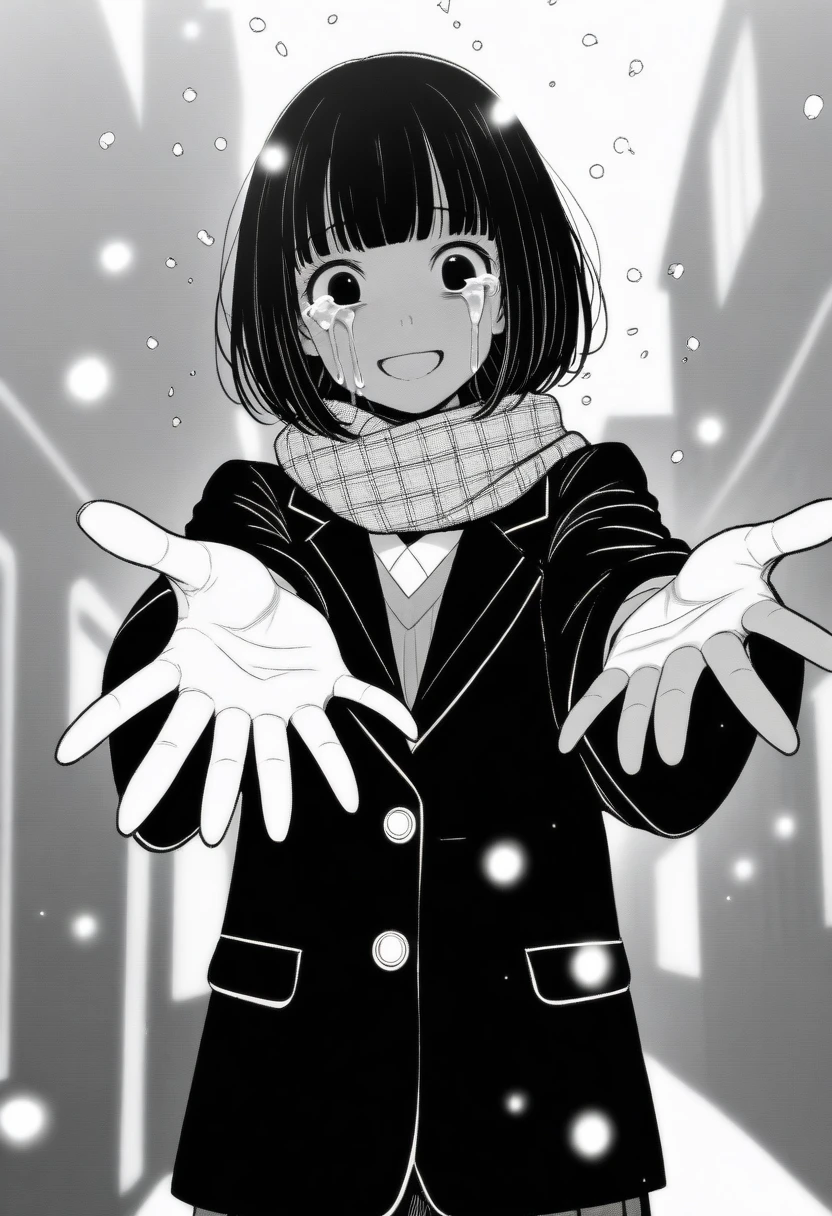 masterpiece, best quality, 1girl, mamerakkkkko, grayscale, manga style, japanese, chi no wadachi, black eyes, street, iced, black hair, schoolbag, smile, lineart, black coat, black scarf, black pleated skirt, leggins, centered, 18 years old, tall, fair skinned, bokeh background, crying, tears, tears streaming, bob cut, light particles, centered, snowing, (((reaching one hand toward viewer, reaching out one hands towards the viewer)))
