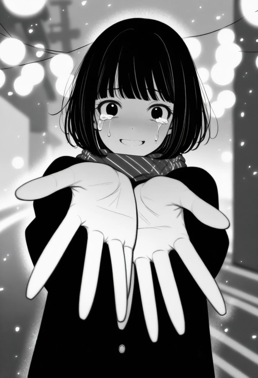 masterpiece, best quality, 1girl, mamerakkkkko, grayscale, manga style, japanese, chi no wadachi, black eyes, street, iced, black hair, schoolbag, smile, lineart, black coat, black scarf, black pleated skirt, leggins, centered, 18 years old, tall, fair skinned, bokeh background, crying, tears, tears streaming, bob cut, light particles, centered, snowing, (((reaching one hand toward viewer, reaching out one hands towards the viewer)))