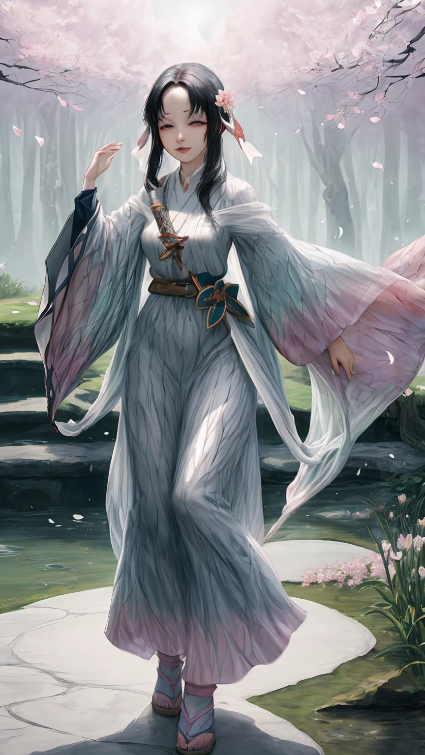 In the heart of an ancient garden, where time unfolds in sakura petals, it rises. The black-haired woman, dressed in silk and shadows, is a figure of mystery and power. His green eyes reflect the soft light of twilight, like bamboo leaves swaying in the wind. She holds the katana with grace, the blade polished like a mirror to the spiritual world. The sword is an extension of your soul, an inheritance from the ancestors who danced beneath the same trees. The ivory hilt is carved with ancient symbols, secrets only she knows. Cherry blossoms fall around you, a veil of pink and white. Each petal is a sigh of nature, a promise of renewal. She walks on the soft carpet, her steps silent like the secrets she keeps. The trees whisper ancient stories, and she listens to them with trained ears. Her kimono is a rainbow of subtle colors: deep indigo, pale pink, moss green. The intricate patterns tell the story of your lineage, the triumphs and tragedies that shaped your journey. She is a guardian, a protector of the mysteries that permeate the world. The wind plays with her hair, unraveling the black strands like silk ribbons. She closes her eyes and feels the energy of the earth flowing through her. The ancient gods watch her, pleased with her devotion. She is the bridge between the visible and the invisible, the guardian of harmony. All around you, flowers fall like rain, an ephemeral spectacle that transcends time. She dances with the petals, spinning and twirling, her movements fluid like water in a stream. Every step is a prayer, every gesture a reverence for life and death. She is the incarnation of spring, the promise of rebirth after winter. Her eyes shine with the wisdom of the centuries, and she knows that her mission is eternal. She protects the secrets of the forest, the spirits that dance in the shadows, the dreams that unfold under the moon. When night falls, she becomes one with the stars. Your spirit rises, leaving the material world behind. She merges with the