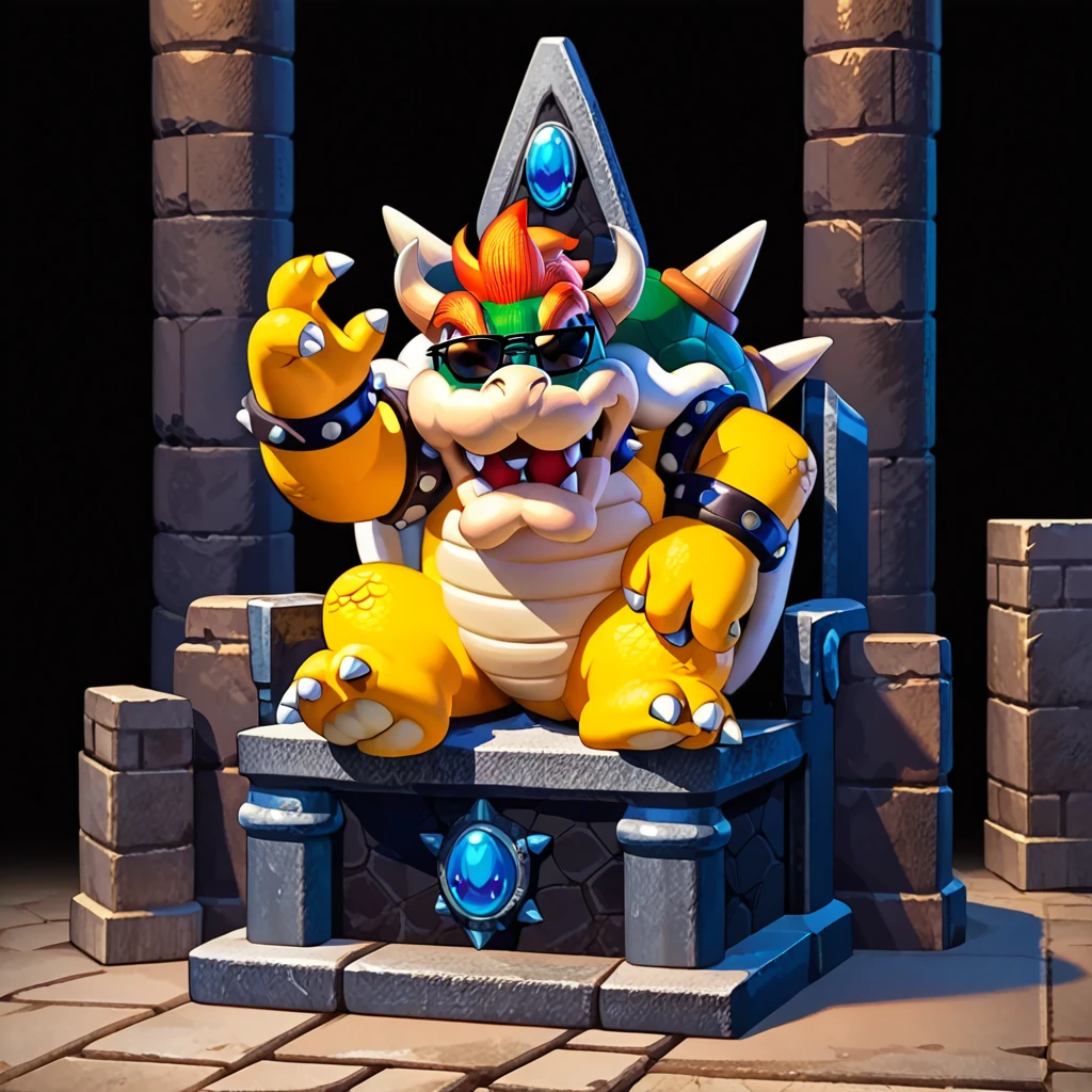 score_9, score_8_up, score_7_up, (Bowser:1), sitting in a throne, (laughing:1.1), (sunglasses:1.2), blue stone walls, dim, dark, spiked shell, spiked collar,official Nintendo artwork,rating safe,solo,looking at viewer,simple background,standing,full body,no humans,black background