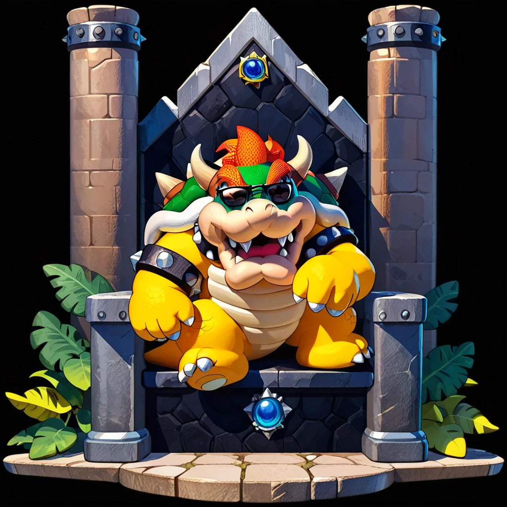 score_9, score_8_up, score_7_up, (Bowser:1), sitting in a throne, (laughing:1.1), (sunglasses:1.2), blue stone walls, dim, dark, spiked shell, spiked collar,official Nintendo artwork,rating safe,solo,looking at viewer,simple background,standing,full body,no humans,black background