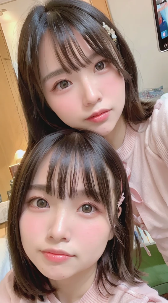 One woman、Highest quality、Ultra-high resolution、(Realistic:1.4)、blush、cute、(Detailed face)、Laughter、Take a selfie in front of the mirror with your smartphone、Looking into the camera、Inside the room、Accentuate your breasts、Too big breasts、Shortcuts in the Eyes、The whole body is shown、Married women