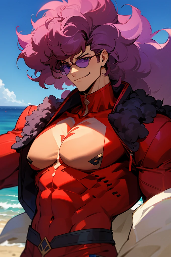 Dark crimson Hair, shades,, Muscular, big afro hair, purple gem on chest, blue and red outfit, smirk, beach background, young. male, upper body, jacket, lean build,