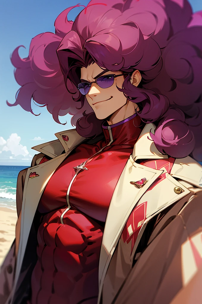 Dark crimson Hair, shades,, Muscular, big afro hair, purple gem on chest, blue and red outfit, smirk, beach background, young. male, upper body, jacket, lean build,
