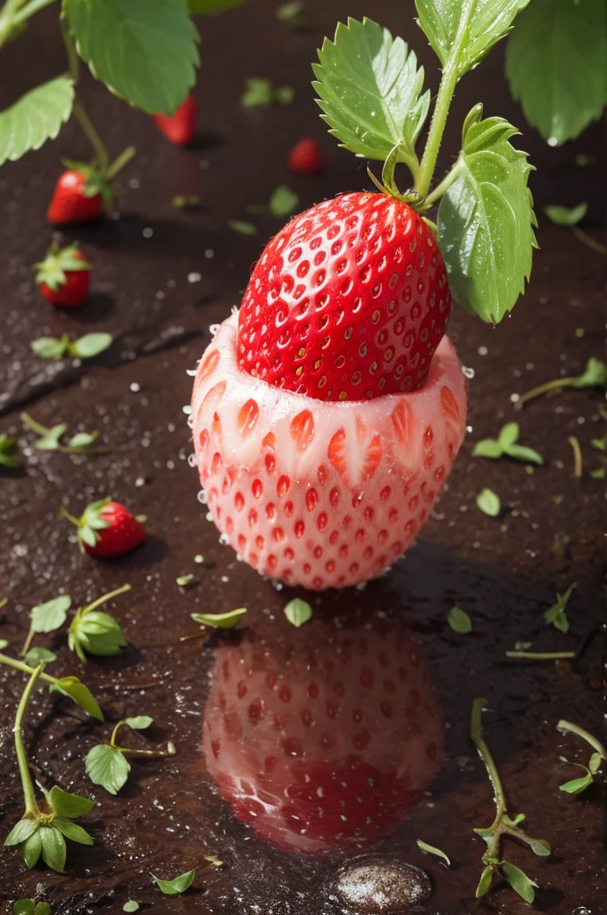 Strawberry in high definition, standing, very wet