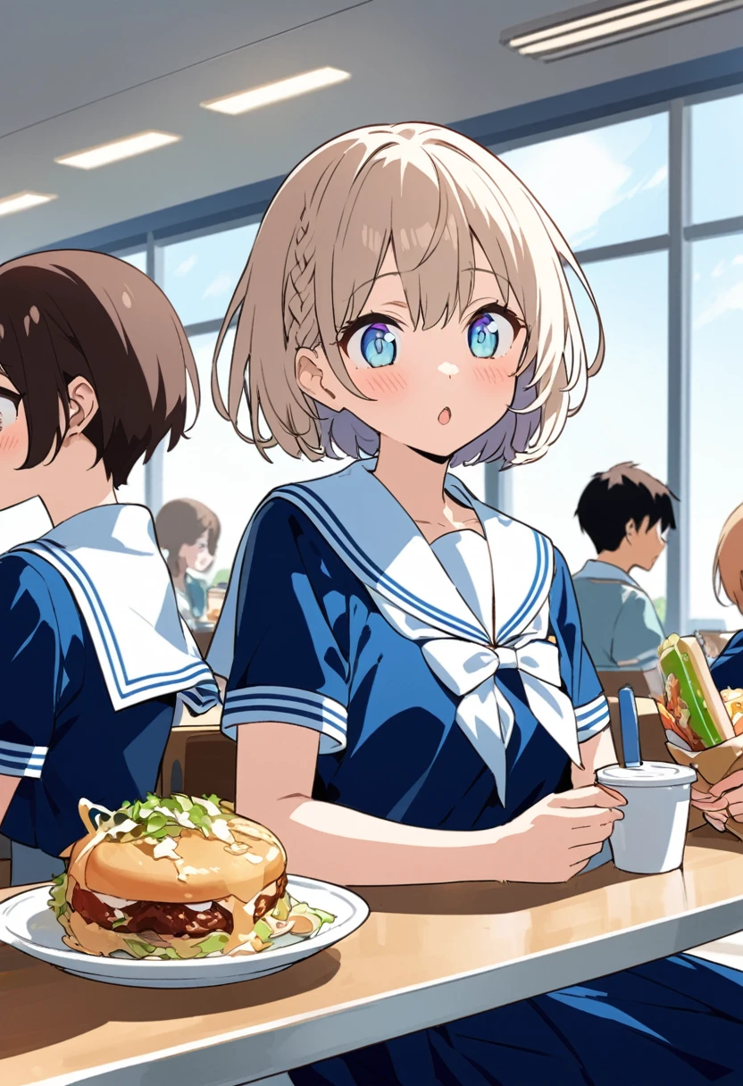 You are a professional illustrator。Please carefully check and draw the illustration according to the following conditions.。High school students enjoying their lunch in a crowded cafeteria、Delicate and beautiful anime face、Clear Eyes、Sailor suit、Braided short hair、
