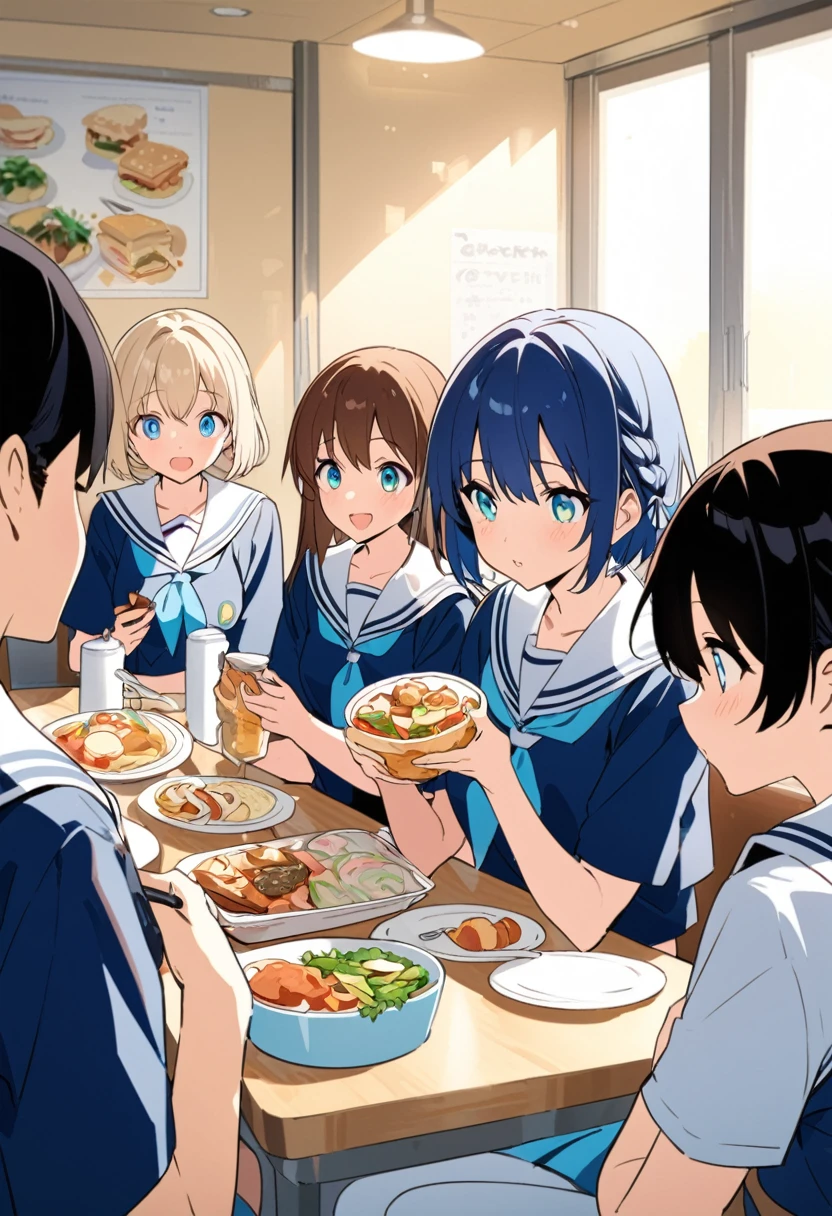 You are a professional illustrator。Please carefully check and draw the illustration according to the following conditions.。High school students enjoying their lunch in a crowded cafeteria、Delicate and beautiful anime face、Clear Eyes、Sailor suit、Braided short hair、
