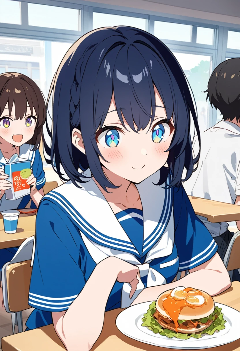 You are a professional illustrator。Please carefully check and draw the illustration according to the following conditions.。High school students enjoying their lunch in a crowded cafeteria、Delicate and beautiful anime face、Clear Eyes、Sailor suit、Braided short hair、