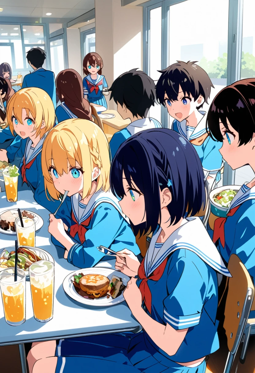 You are a professional illustrator。Please carefully check and draw the illustration according to the following conditions.。High school students enjoying their lunch in a crowded cafeteria、Delicate and beautiful anime face、Clear Eyes、Sailor suit、Braided short hair、