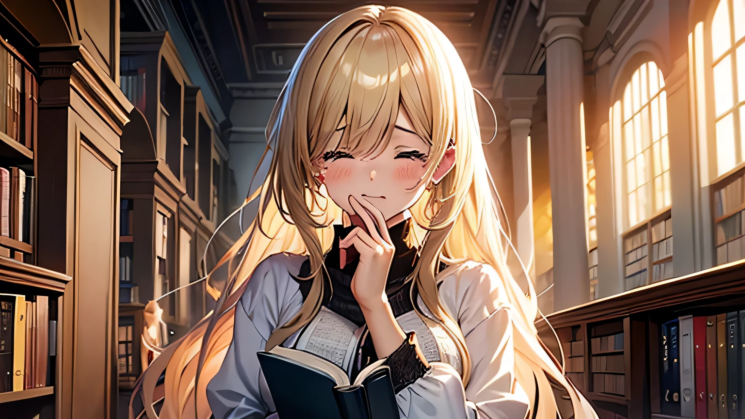 ((Highest quality)), ((masterpiece)), (detailed), One girl, library、I read a book、Tears、Close ~ eyes、blonde、Smooth Hair、