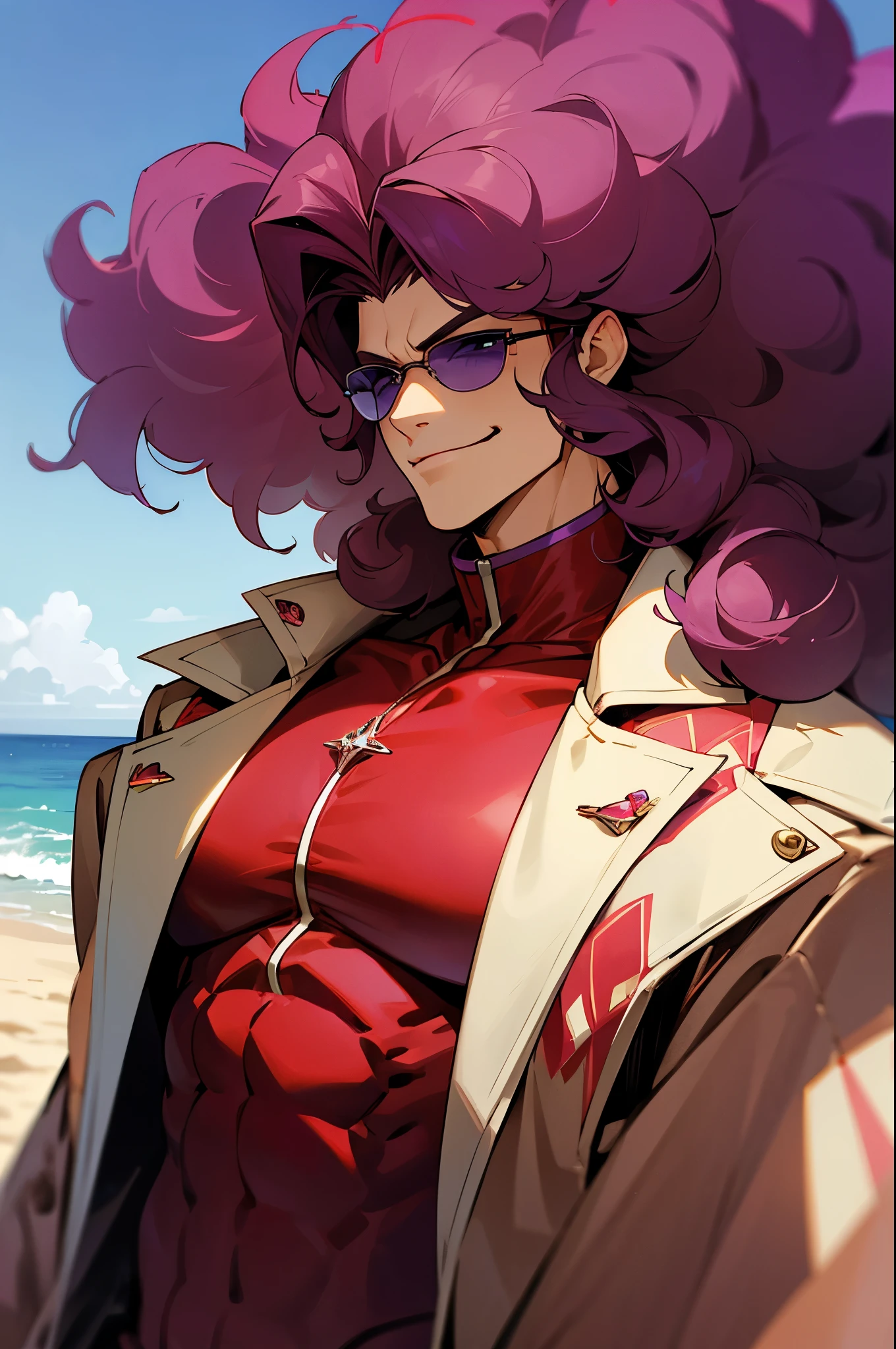 Dark crimson Hair, shades,, Muscular, big afro hair, purple gem on chest, blue and red outfit, smirk, beach background, young. male, upper body, jacket, lean build,
