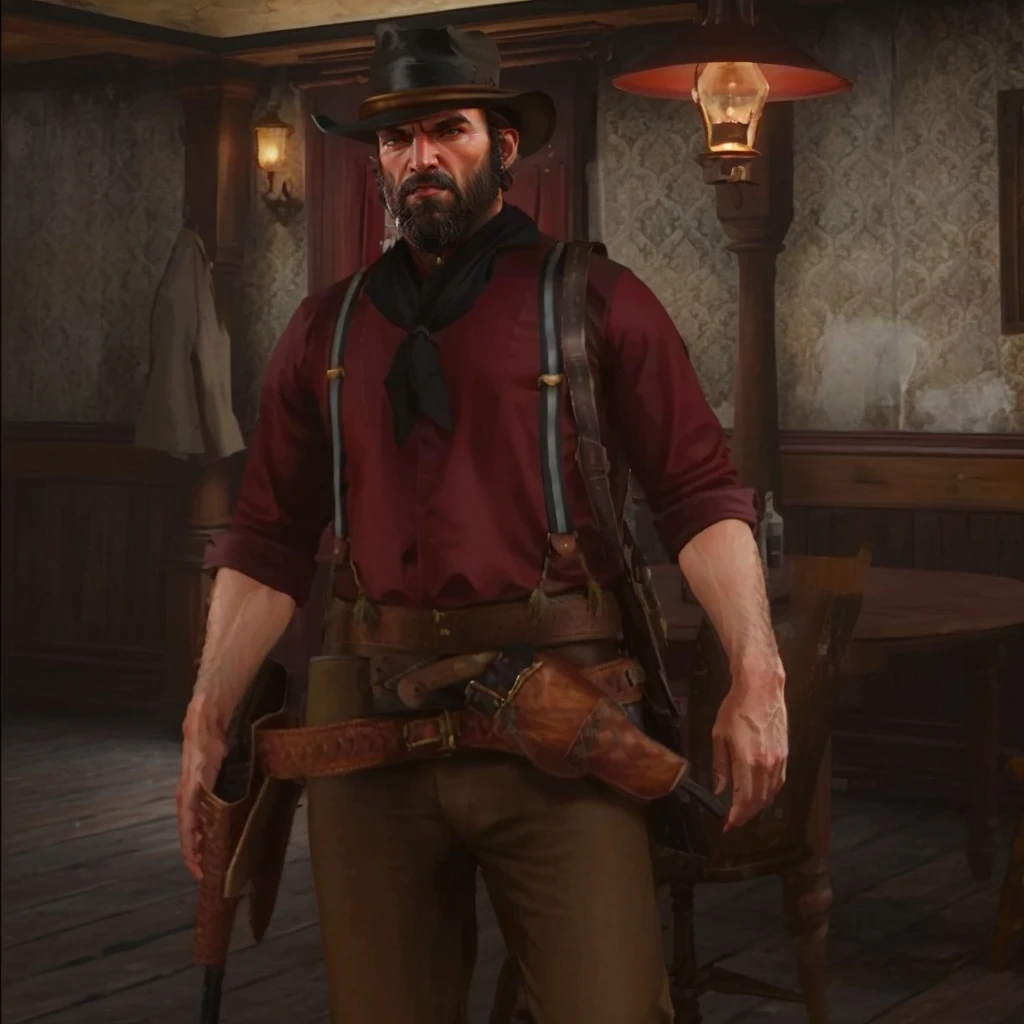 R3DD34Dstyle, digital portrait, male online character, Beard , body hair, arms hair, black cowboy leather hat, red background, patronaje