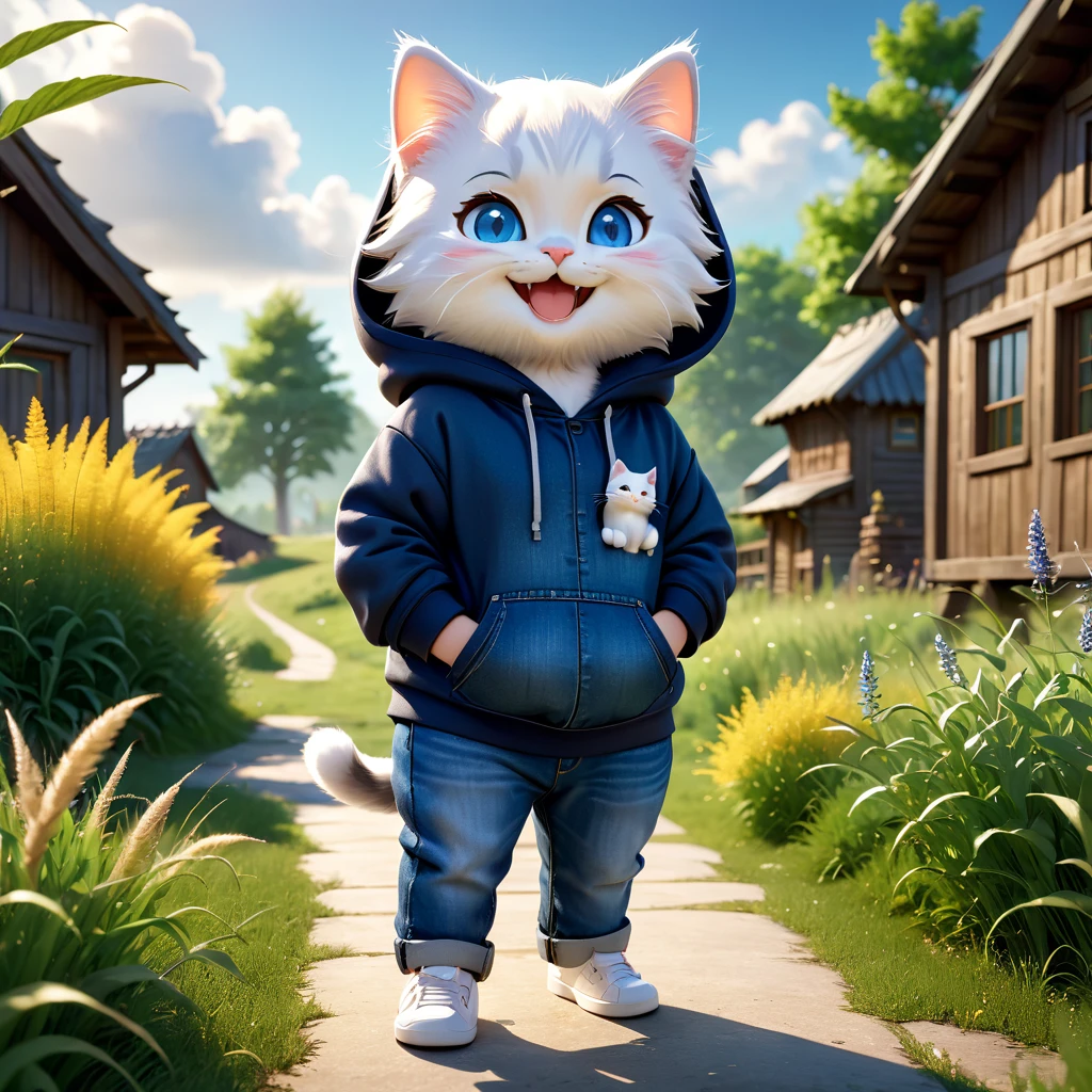 best quality, detailed, hyper detailed, beautiful, 8K, absurdres, village, a kitty, happy, smiling, standing, looking to the right, white hair, blue eyes, chibi, plump, hoodie, jeans, 5--old, the grassland, in the afternoon, fantasy, photorealistic, ultra realistic photo, 3D render, anthropomorphism, full body shot, on right, wide view, rule of thirds, midday, shining lights, dramatic lighting, volumetric lighting, depth of field, dramatic contrast, DarkGoldenrod