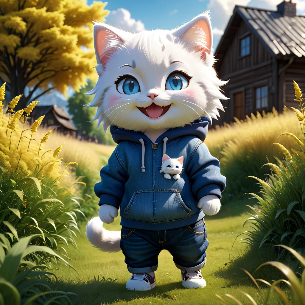 best quality, detailed, hyper detailed, beautiful, 8K, absurdres, village, a kitty, happy, smiling, standing, looking to the right, white hair, blue eyes, chibi, plump, hoodie, jeans, 5-year-old, in the grassland, in the afternoon, fantasy, photorealistic, ultra realistic photo, 3D render, anthropomorphism, full body shot, on right, wide view, rule of thirds, midday, shining lights, dramatic lighting, volumetric lighting, depth of field, dramatic contrast, DarkGoldenrod