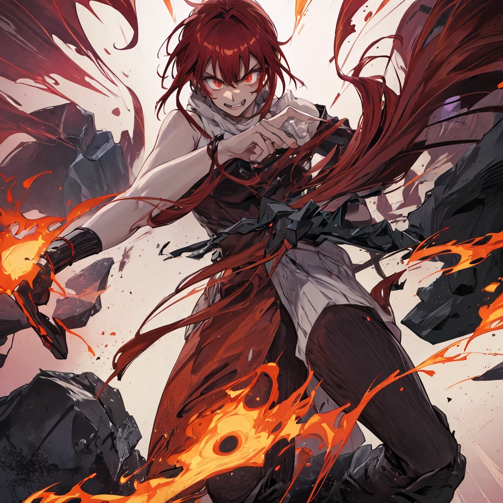  Lava everywhere, 1 girl, bright scarlet hair, long hair, white skin, pale skin, burgundy eyes, rage face, dynamic pose, point of view from the front