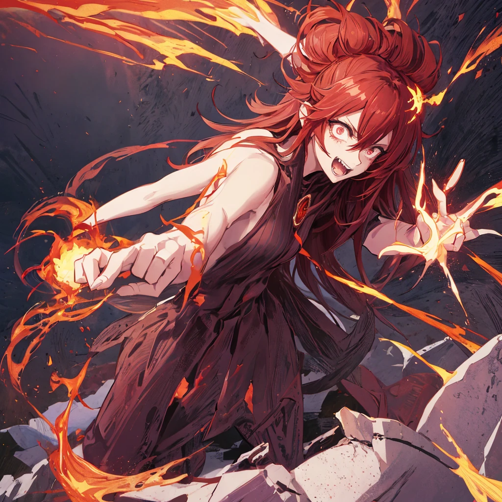 Lava everywhere, 1 girl, bright scarlet hair, long hair, white skin, pale skin, burgundy eyes, rage face, dynamic pose, point of view from the front