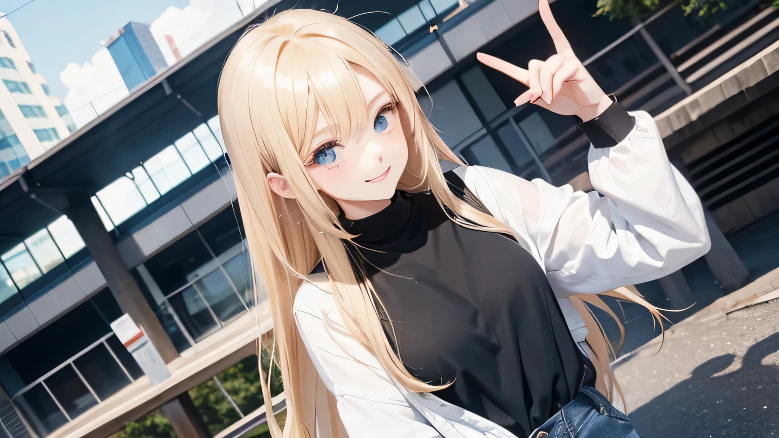 Black and white manga. A happy blonde girl with long hair in a black top and jeans passed her exam at the university.
