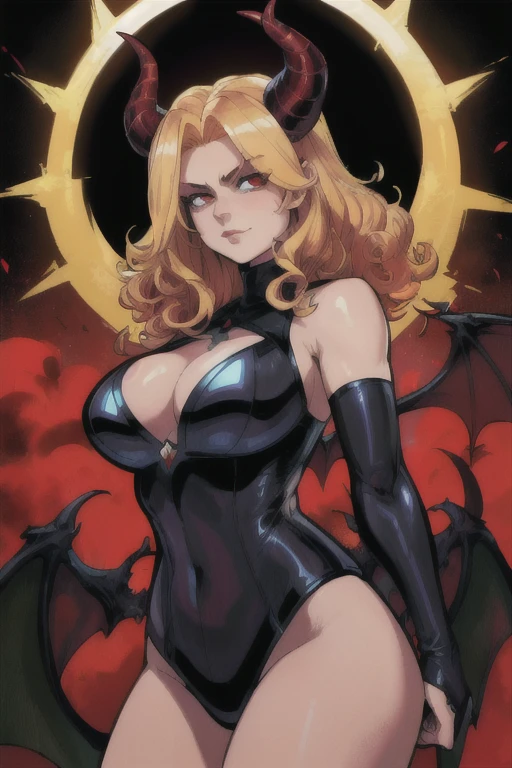 absurd, (great composition), 1girl, beautiful, woman, blonde woman, ram horns, demon horns, dynamic angle, dynamic lighting, well built, olive skin, curly hair, refined, 3/4 shot, handsome_female, bare chest, large breasts The darkness of the night falls around my soul And the hunter inside loses control Has to let go - has to let go Has to let go - has to let go BREAK All these voices inside my head blinding my vision in a curtain of red The frustration is getting bigger Bang Bang - Pull my devil's trigger!