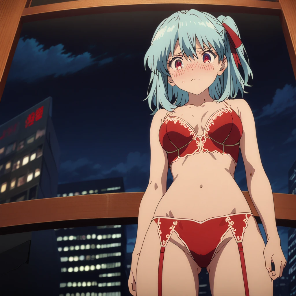 cel-shaded, 1990s_anime, detailed, high quality, masterpiece, best quality, very aesthetic, absurdres, anime screencap, miku. 1girl, solo, (red eyes:1.5), detailed eyes, light blue hair, medium hair, one side up , bangs, hair between eyes, hair ribbons, red lingerie, (((see-through))), red garter straps, thighs, bare feet, medium breasts, blush, borrowed, embarrassed, sexy, collarbone, cleavage, cowboy shot, ((from below)), against window, city, sky, clouds, night, (standing), ((open legs)), (looking at viewer:1.0