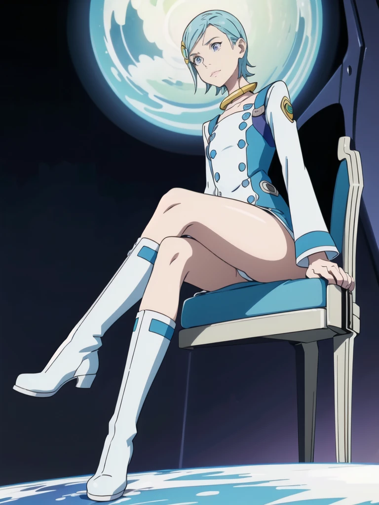 (super high definition),eureka,night,dim dark,one light,one girl,one boy law,purple eyes, short light blue hair, choker, hair clip, white and blue dress, long sleeves, white and blue knee high knee boots, shiny boots, full length view, legs up showing soles, eureka sitting on chair Eureka, looking up from just below, sneering, pompous manner, (close-up view of soles), looking down at us, (close-up view of soles), looking down at us
