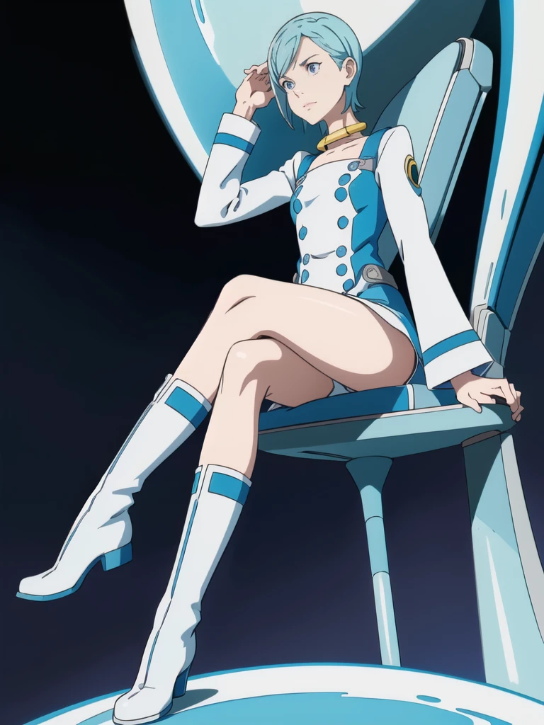 (super high definition),eureka,night,dim dark,one light,one girl,one boy law,purple eyes, short light blue hair, choker, hair clip, white and blue dress, long sleeves, white and blue knee high knee boots, shiny boots, full length view, legs up showing soles, eureka sitting on chair Eureka, looking up from just below, sneering, pompous manner, (close-up view of soles), looking down at us, (close-up view of soles), looking down at us
