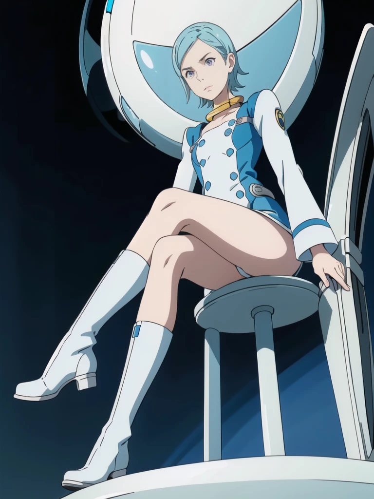 (super high definition),eureka,night,dim dark,one light,one girl,one boy law,purple eyes, short light blue hair, choker, hair clip, white and blue dress, long sleeves, white and blue knee high knee boots, shiny boots, full length view, legs up showing soles, eureka sitting on chair Eureka, looking up from just below, sneering, pompous manner, (close-up view of soles), looking down at us, (close-up view of soles), looking down at us
