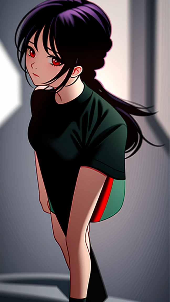 Girl1,from above,triangle face,red eyes,black hair,braided ponytail hairstyle,green t-shirt,Pencil skirt,highly detailed,HD,full body