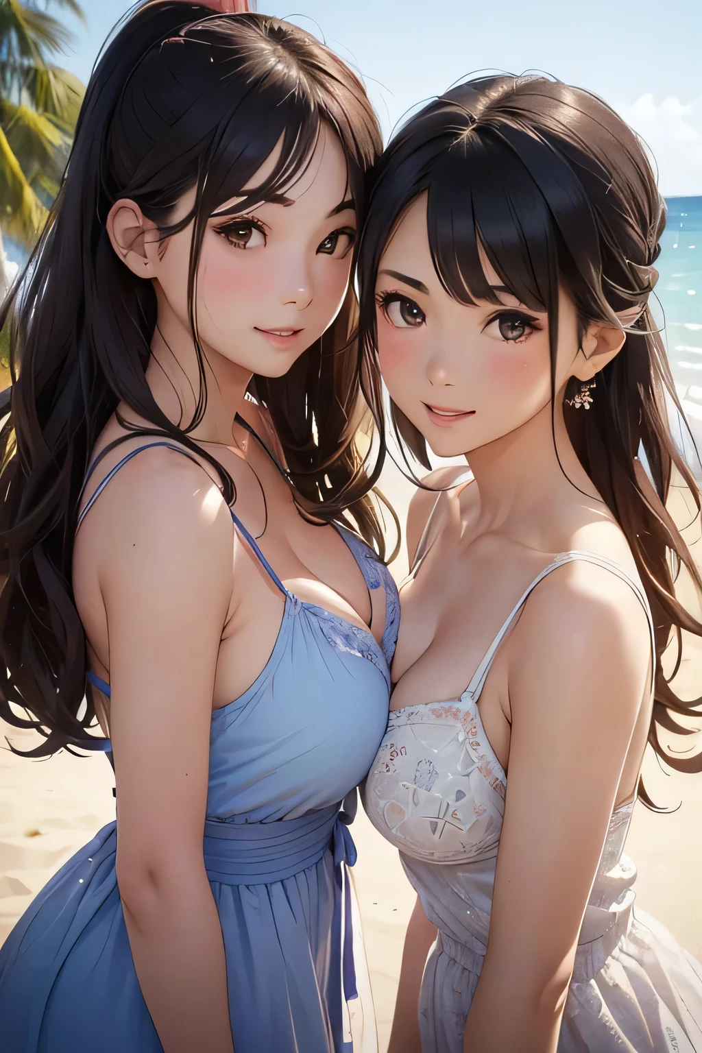 Highest quality、High resolution、Detailed Background、(Beautiful face in every detail:1.4)、Anatomically correct、Hide your fingers、(Detailed facial expressions)、(Detailed eyes:1.2)、Beautiful women in their 20s、(Highly detailed face:1.4)、(Huge breasts:1.2)、Cute hair colour、Bobcut、ponytail、Long Hair、Wavy Hairstyle、well-groomed eyebrows、Cute Eye Makeup、Cute Lip Makeup、Perfect body line、smile、Summer dresses give you a sexy and elegant look.、(Two beautiful girls looking at you with happy expressions:1.5)、Sandy Beach、Outdoor、very beautiful、Cute gestures