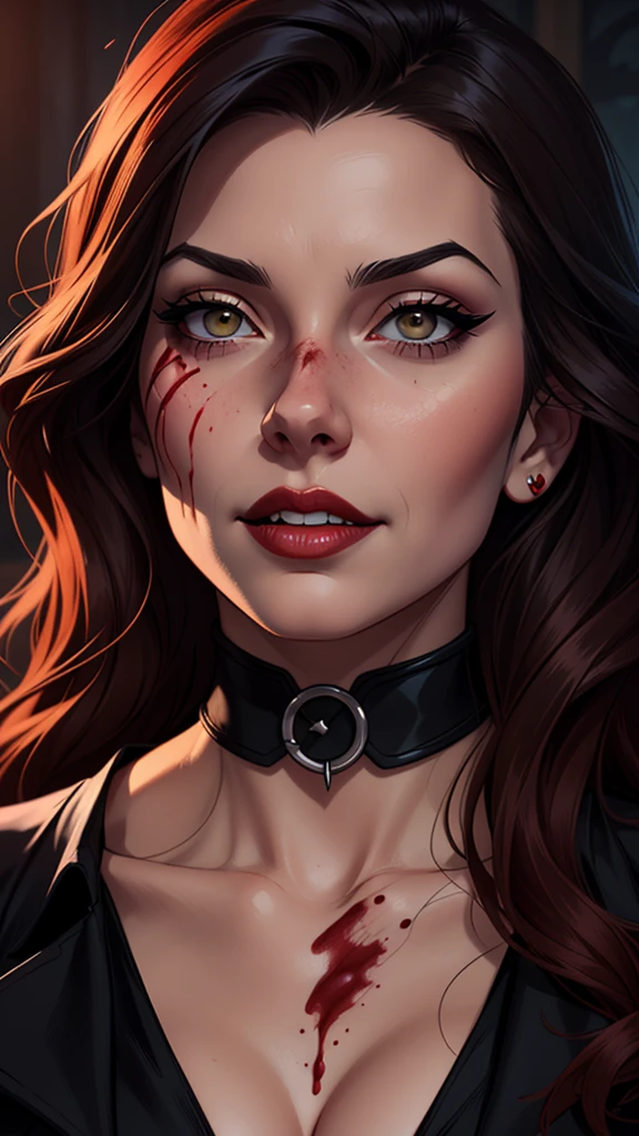 a drawing of a woman with blood on her face and a bloody collar, charlie bowater art style, arte do personagem Charlie Bowater, lois van rossdraws, Ross Draws 1. 0, female vampire, Carmilla Vampira, artgerm e rossdraws, style of charlie bowater, Vampire girl, Ross Draws 2. 0, Retrato de RossDraws, vampire portrait