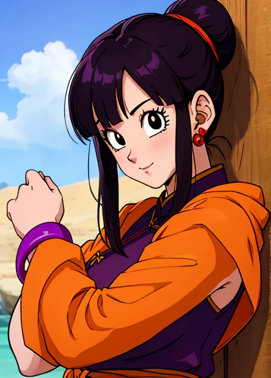 masterpiece, best quality, highest quality, photorealistic, perfect anatomy, perfect face, perfect eyes,
dbzch1ch1, sidelocks, bangs, single hair bun, hair bun, (black eyes), orange pashmina wrap, red sphere earrings , red wristbands, purple cheongsam, sexy  pose