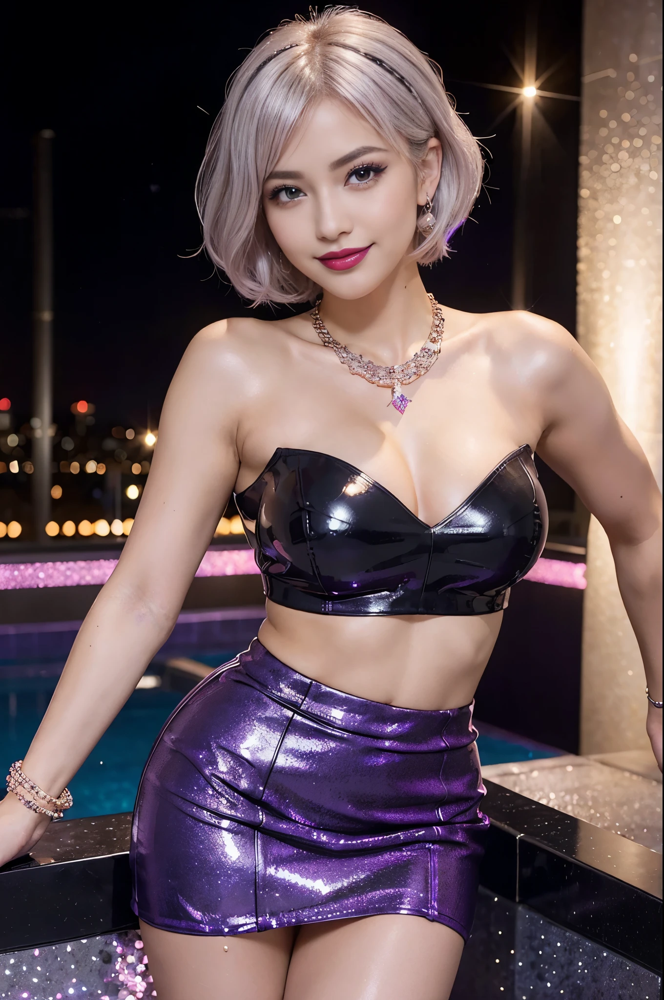 (nsfw), sexy female princess, sexy smile, long lashes, defined eyebrows, bold lipstick, lip-gloss, professional eye-makeup, (sparkling large necklace), (sparkling large bracelets), (dark purple leather mini skirt), (matching top), gyaru, very short sparkling platinum blonde hair, sparkling large hotel pool background, sweet and sexy, sparkling look