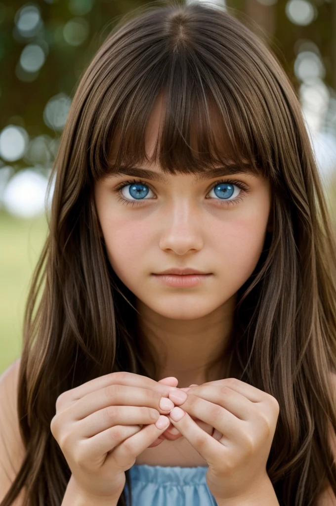 Realistic selfie of a 14 year old girl with brown hair and eyes